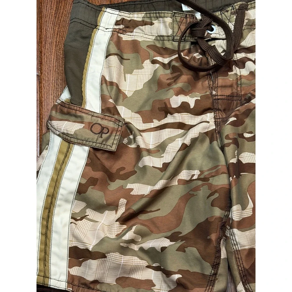 OP‎ Ocean Pacific Mens Camo Board Shorts Brown Tan White Stripe Swim Trunks  M